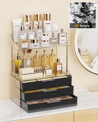 Anylady top trays loaded with perfumes and makeup for quick access and organized routine