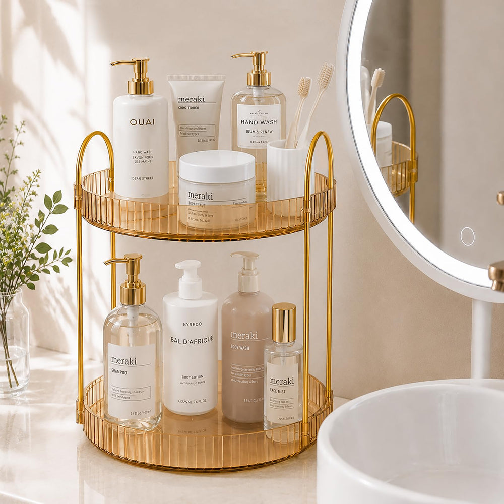 Anyoifax next to perfume bottles shows 9.85-inch diameter storage capacity