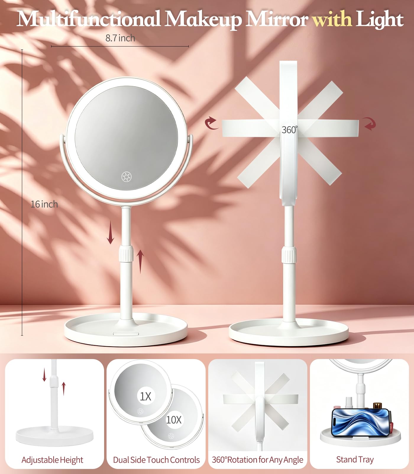 AOLERAY side view showing 360° rotation and 16-inch height for ergonomic use benefit