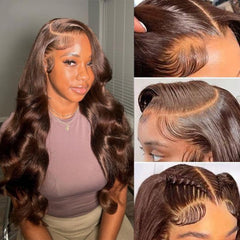 Aoque front view chocolate brown wig showcasing natural hairline and realism