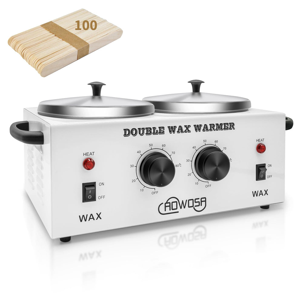 AOWOSA double wax warmer front view showing durable stainless steel and dual pots for faster service