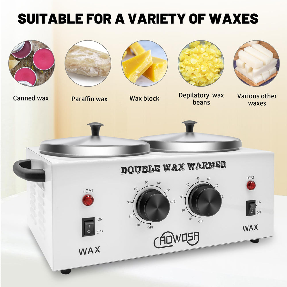 AOWOSA close-up of dual aluminum pots showing smooth interior for even wax melt and easy cleaning