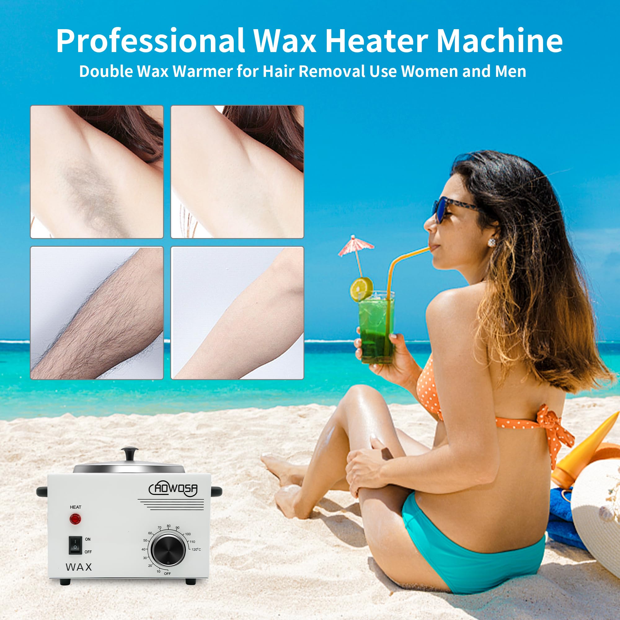 AOWOSA wax heater in use melting beans to a smooth consistency for faster hair removal