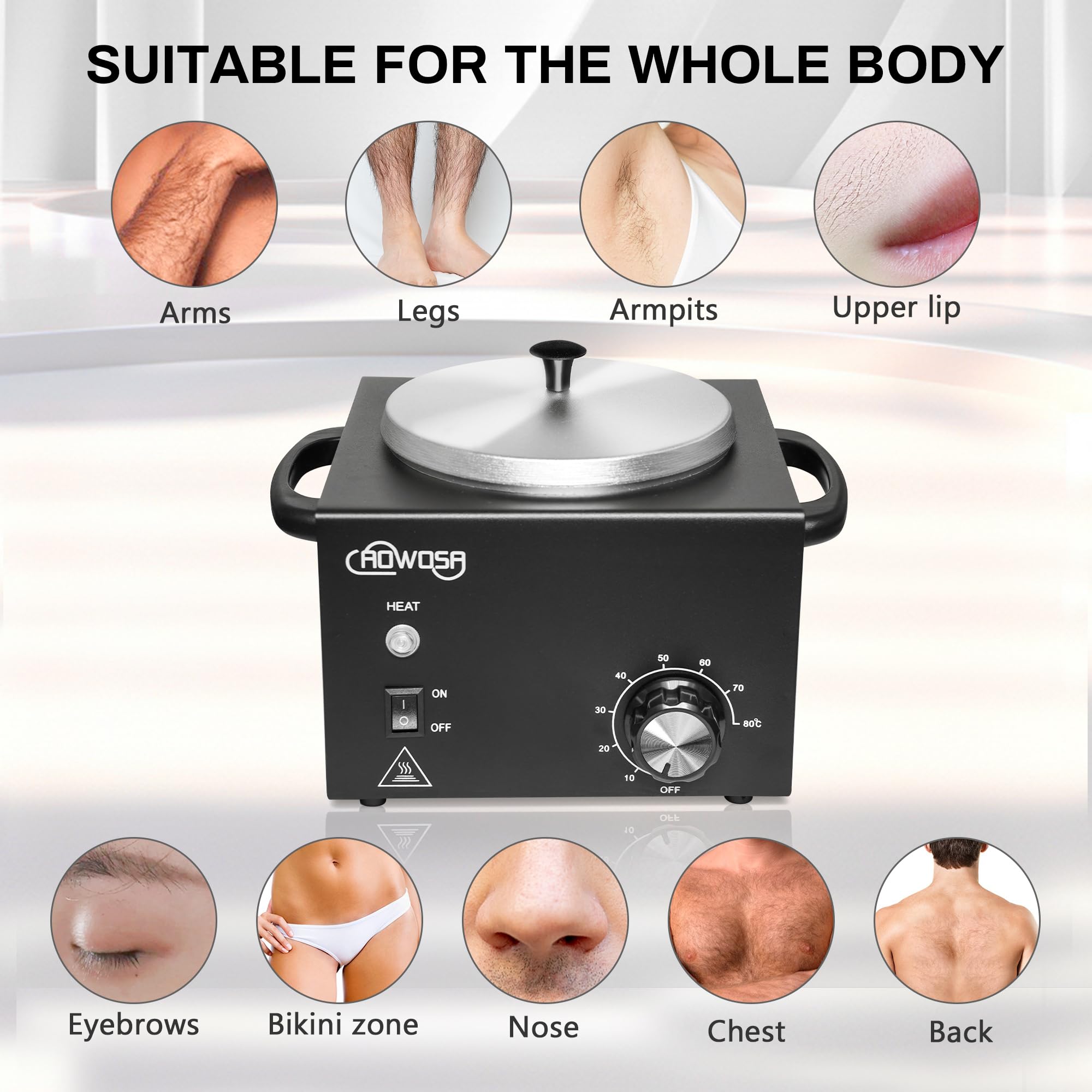 AOWOSA melting wax inside pot, demonstrating fast even heating and ready-to-use wax