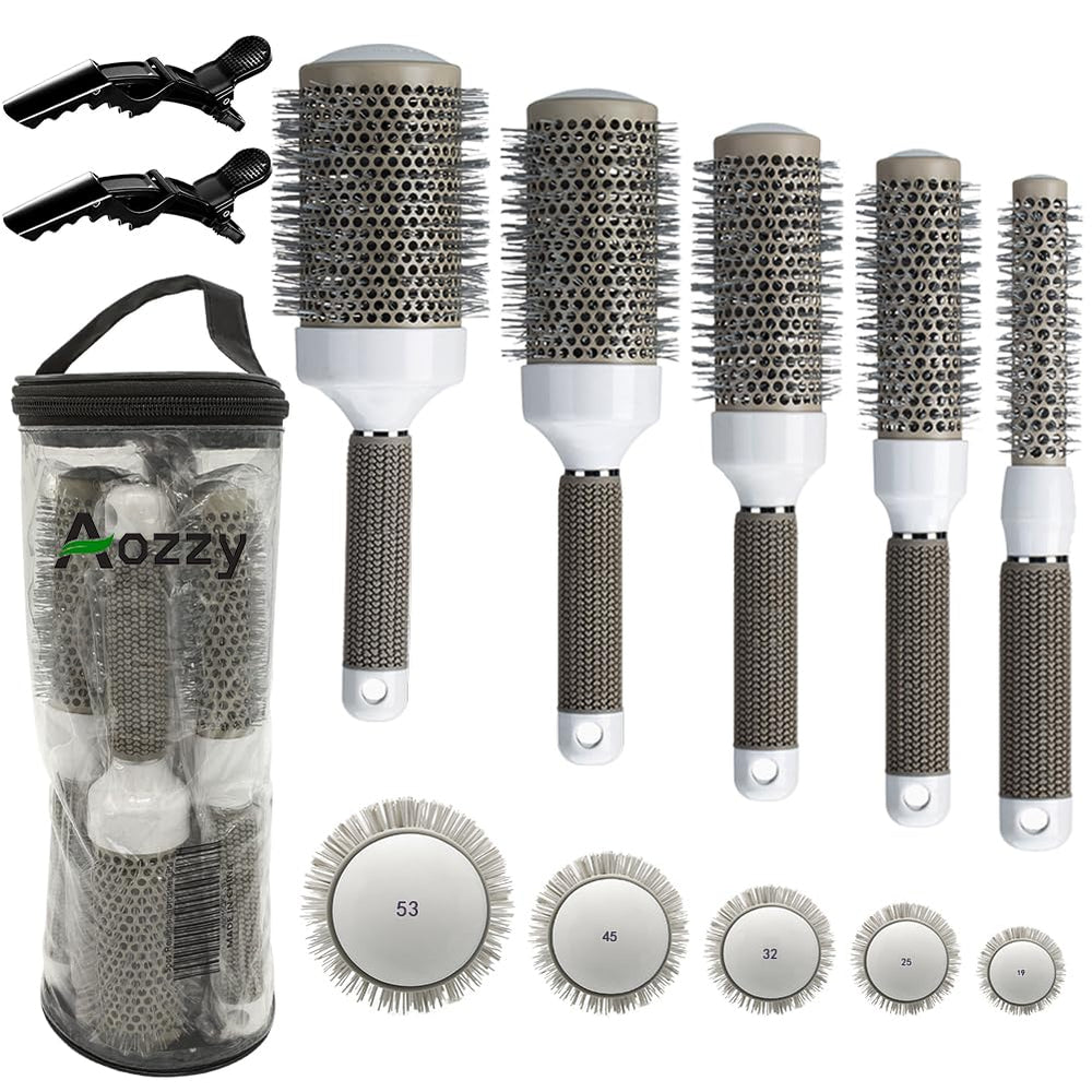Aozzy front packaging showing five brushes and benefits of ceramic ionic finish