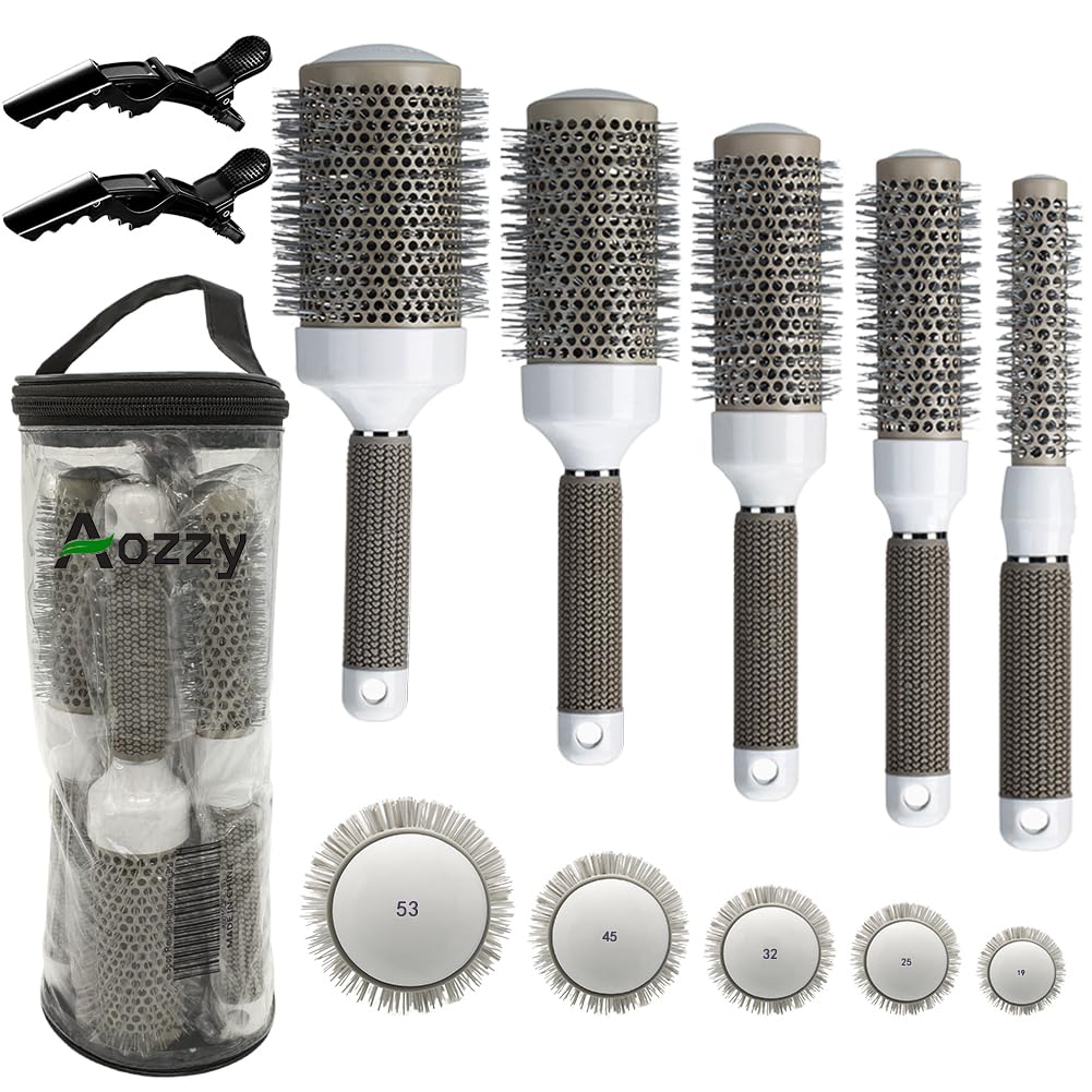 Aozzy front packaging showing five brushes and benefits of ceramic ionic finish