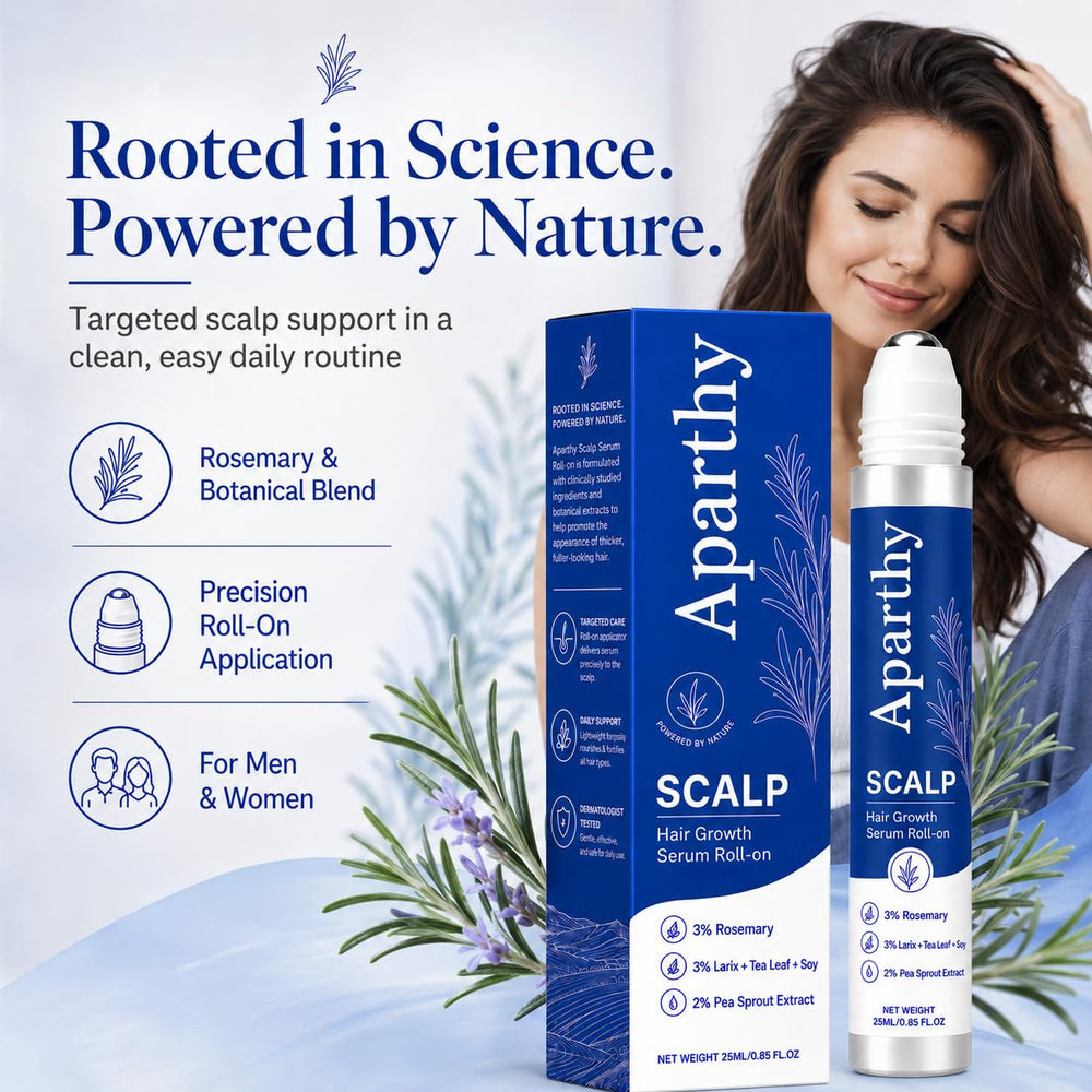 Aparthy Hair Growth on bathroom counter in lifestyle scene suggesting daily routine