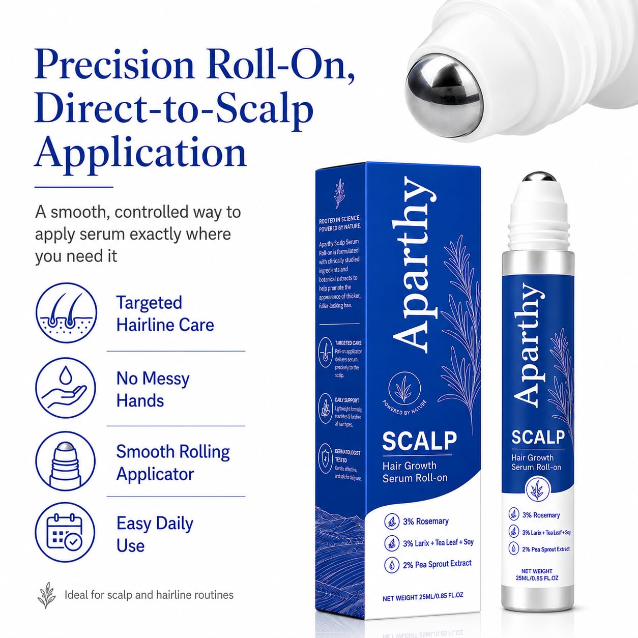 Aparthy Hair Growth roll-on applied to scalp showing targeted root coverage benefit