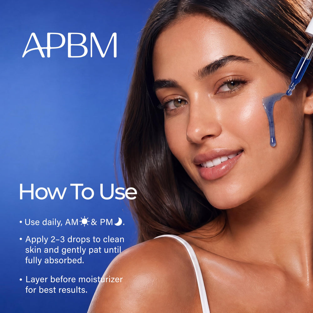Applying APBM serum to neck and décolleté highlighting targeted firmness benefit