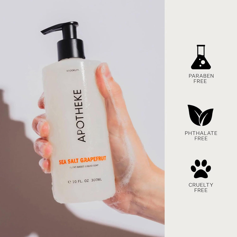 APOTHEKE bottle on bathroom vanity with decor, conveys upscale scent and style enhancement