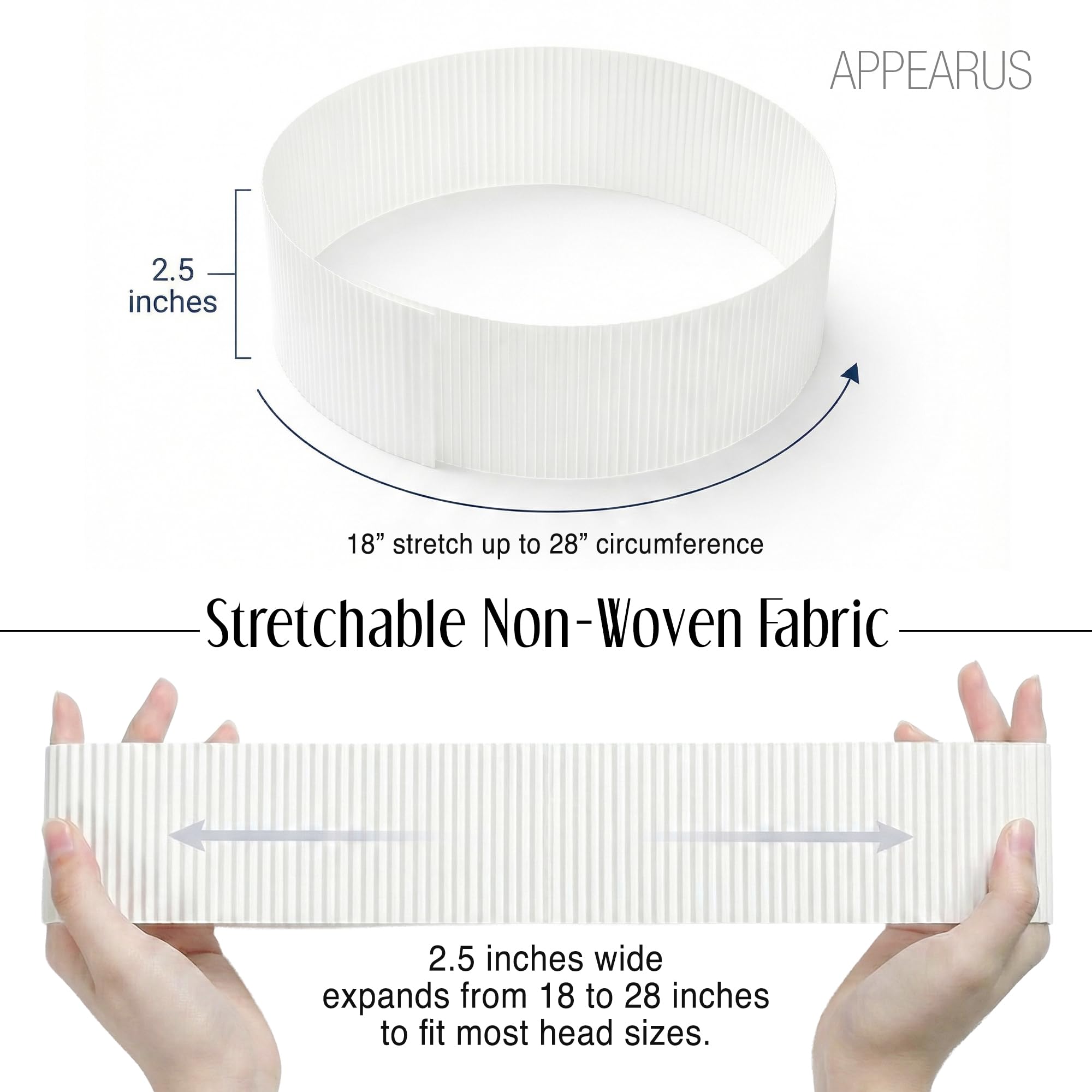 APPEARUS headband stretched to show size range and comfortable full coverage