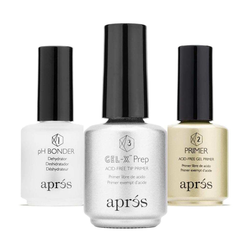 APRÉS Gel-X bundle front view showing all three bottles and clear labels for professional prep