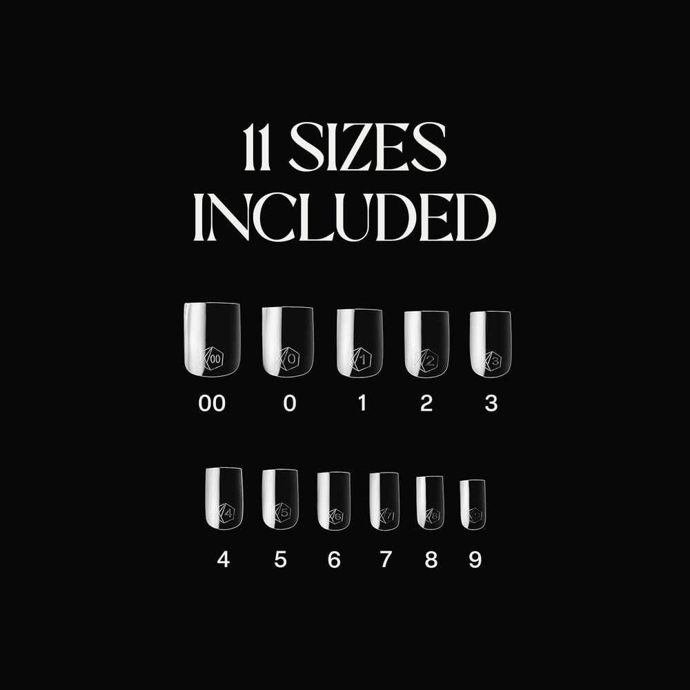 APRÉS Gel-X tips arrayed by size to highlight 11-size range and easy selection
