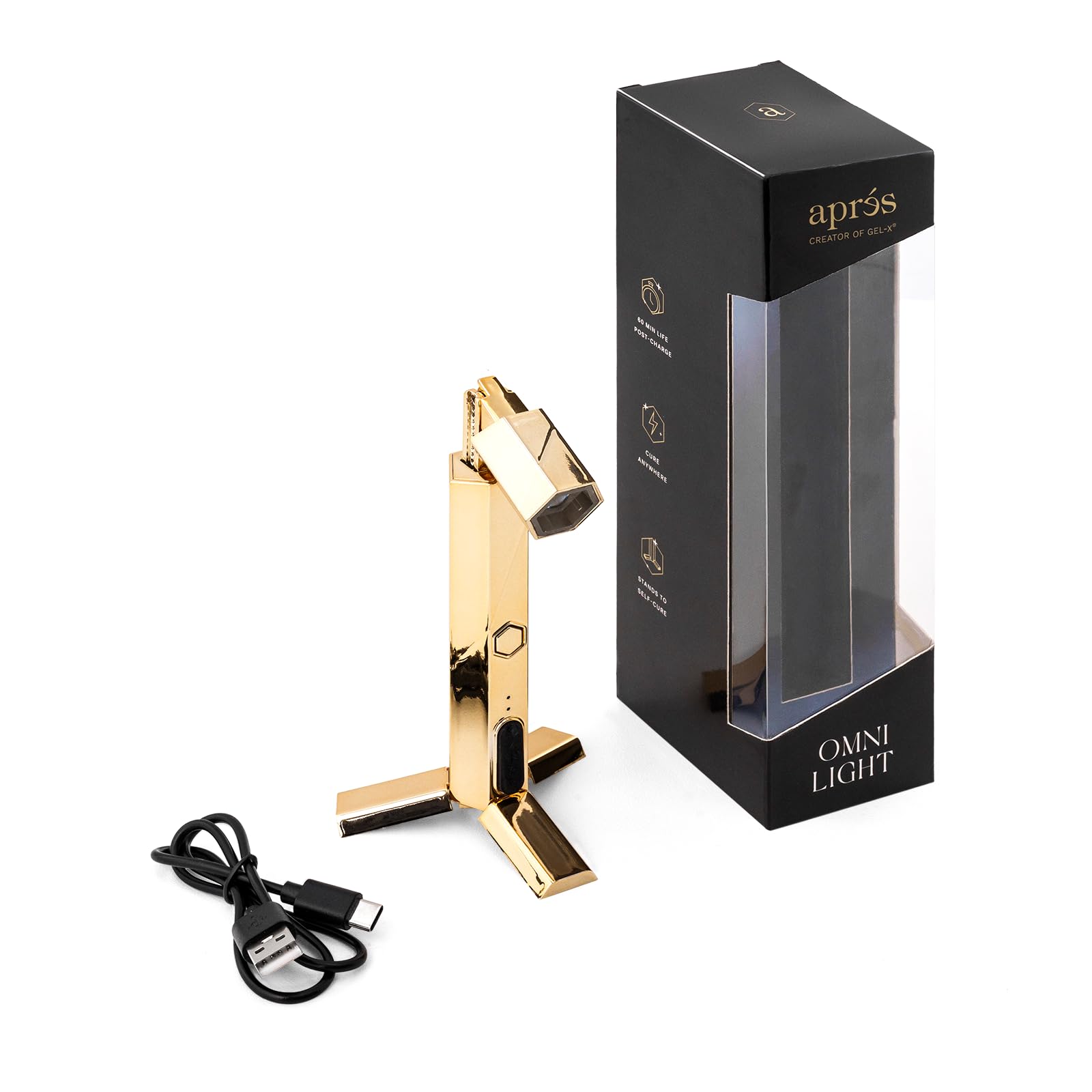 APRÉS Omni Light front view showing compact gold lamp and controls for portable curing