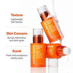APRILSKIN dropper releasing clear serum, highlighting fast-absorbing texture benefit