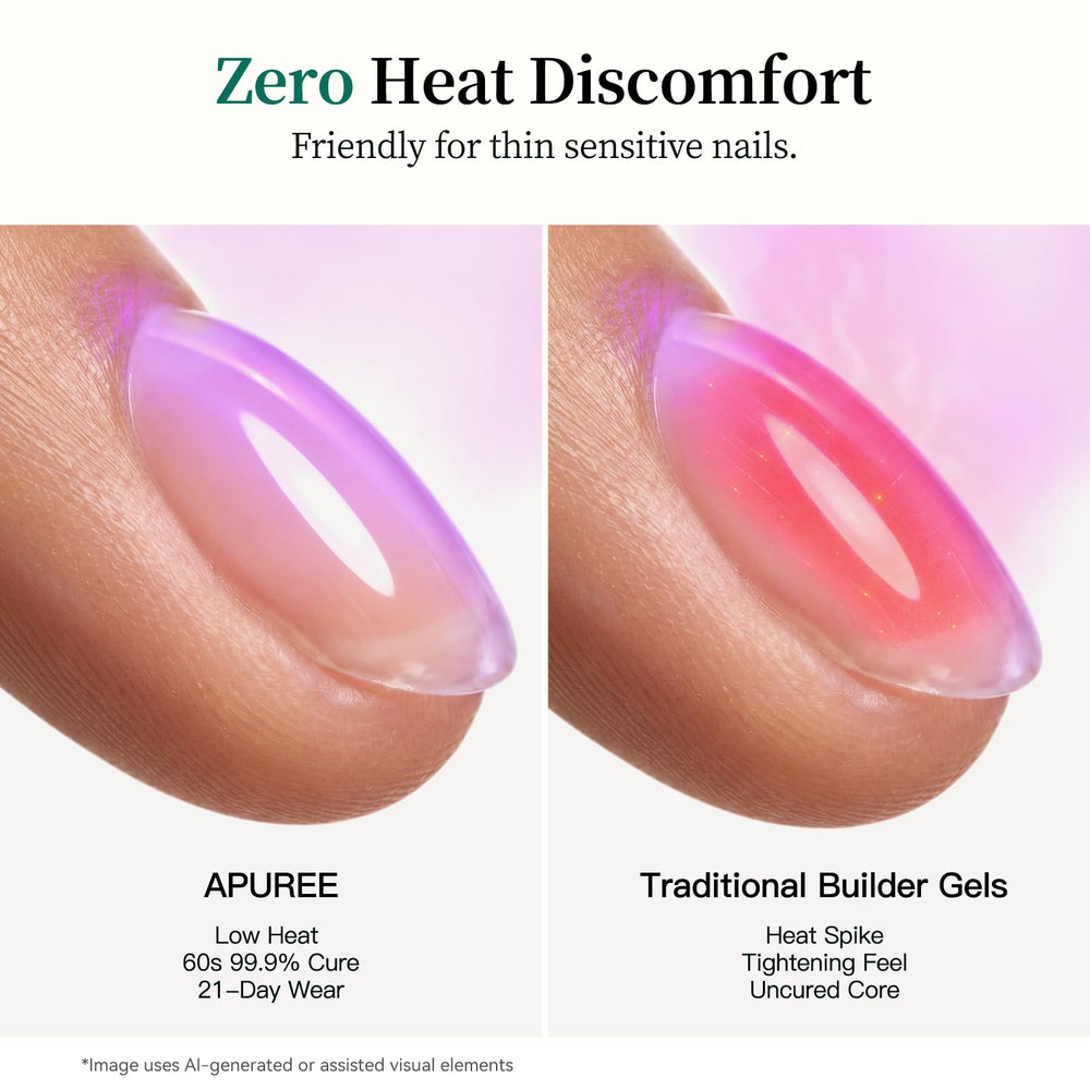 APUREE curing under LED lamp showing cool-cure low-heat, comfortable polymerization