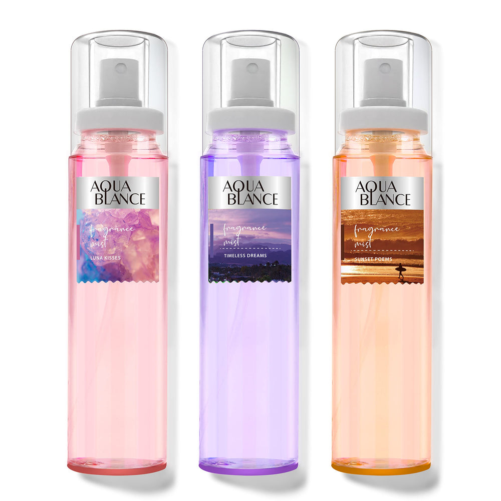 AQUA BLANCE front packaging showing three fragrance mists and clear branding