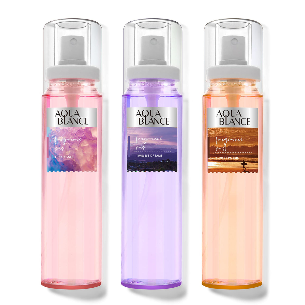 AQUA BLANCE front packaging showing three fragrance mists and clear branding