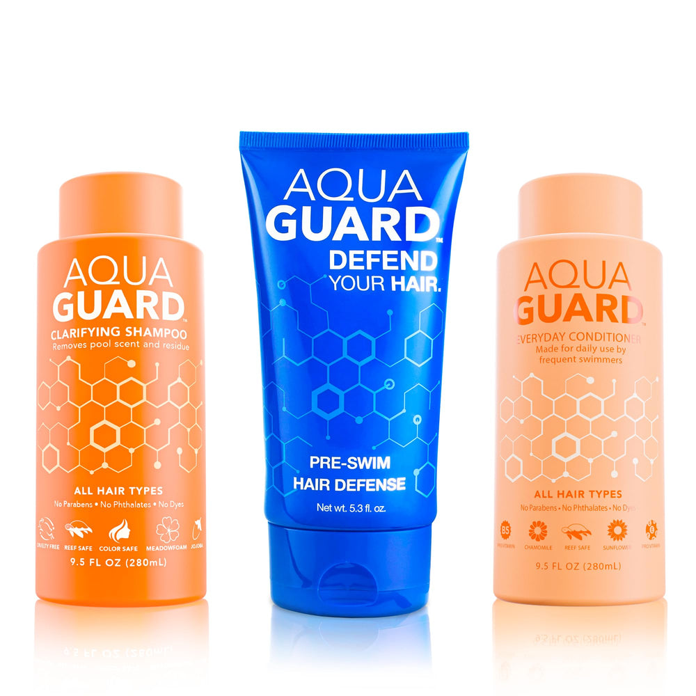 AQUA GUARD bundle front packaging showing complete swimmer hair trio benefits