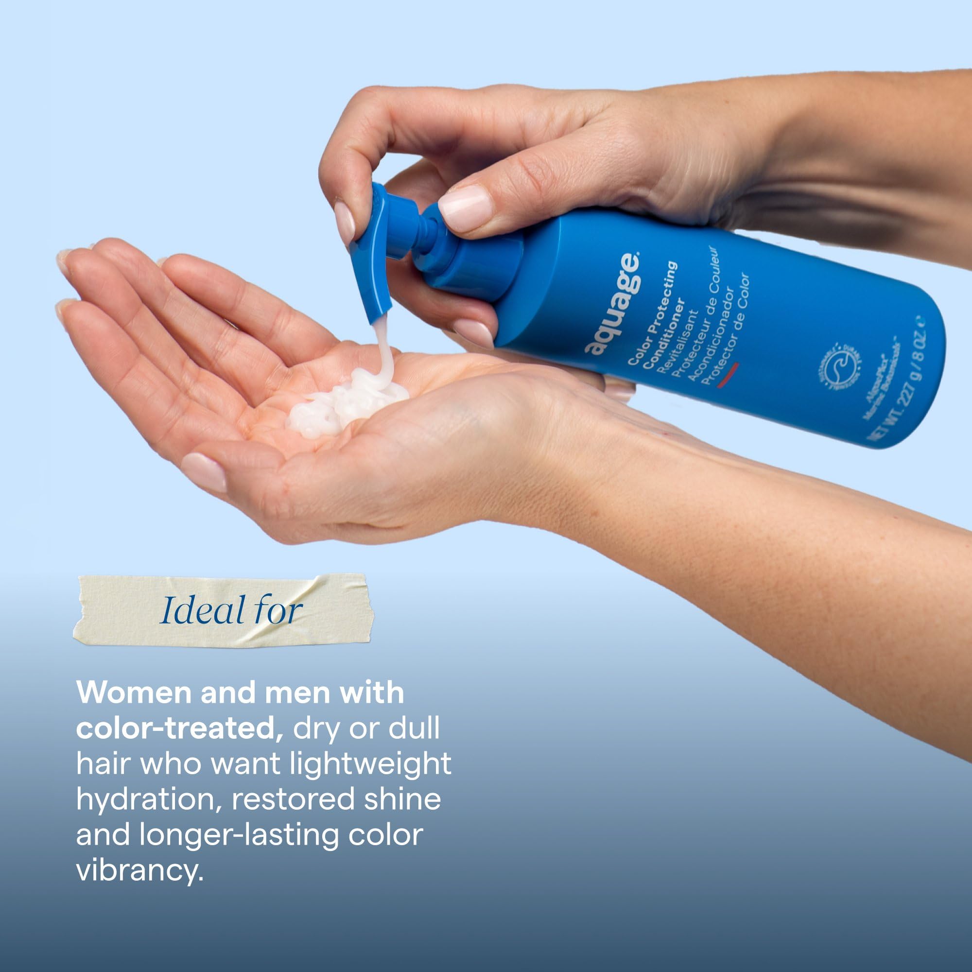 Aquage conditioner on bathroom shelf indicating daily-use convenience and routine benefit
