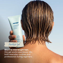 Aquage slick-back hairstyle finished with gel showing high-gloss, no-flake hold