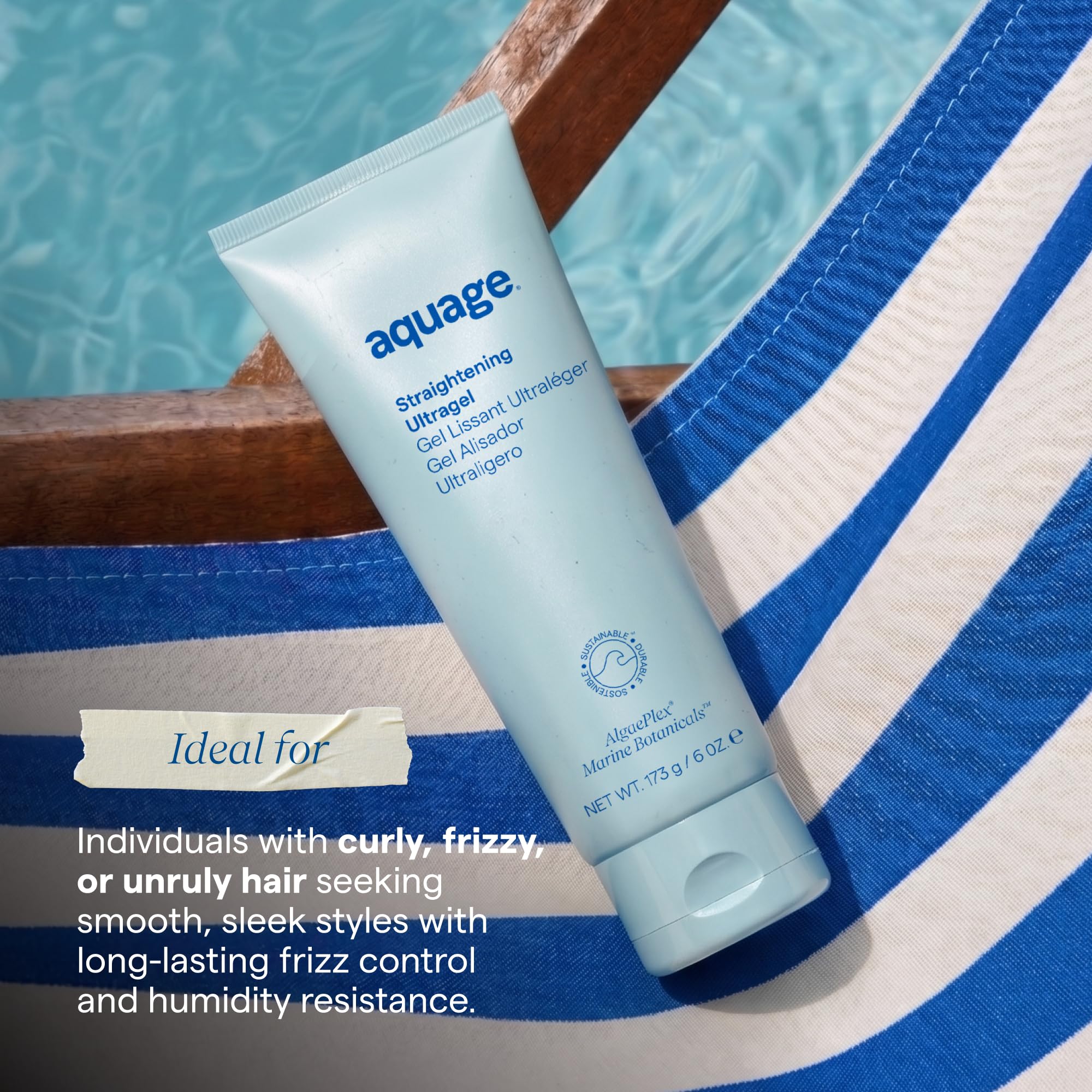 Hand holding Aquage gel demonstrating recommended amount and effortless distribution benefit