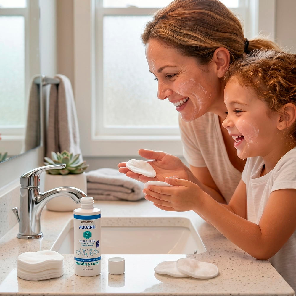Aquanil cleanser on bathroom counter suggesting daily routine
