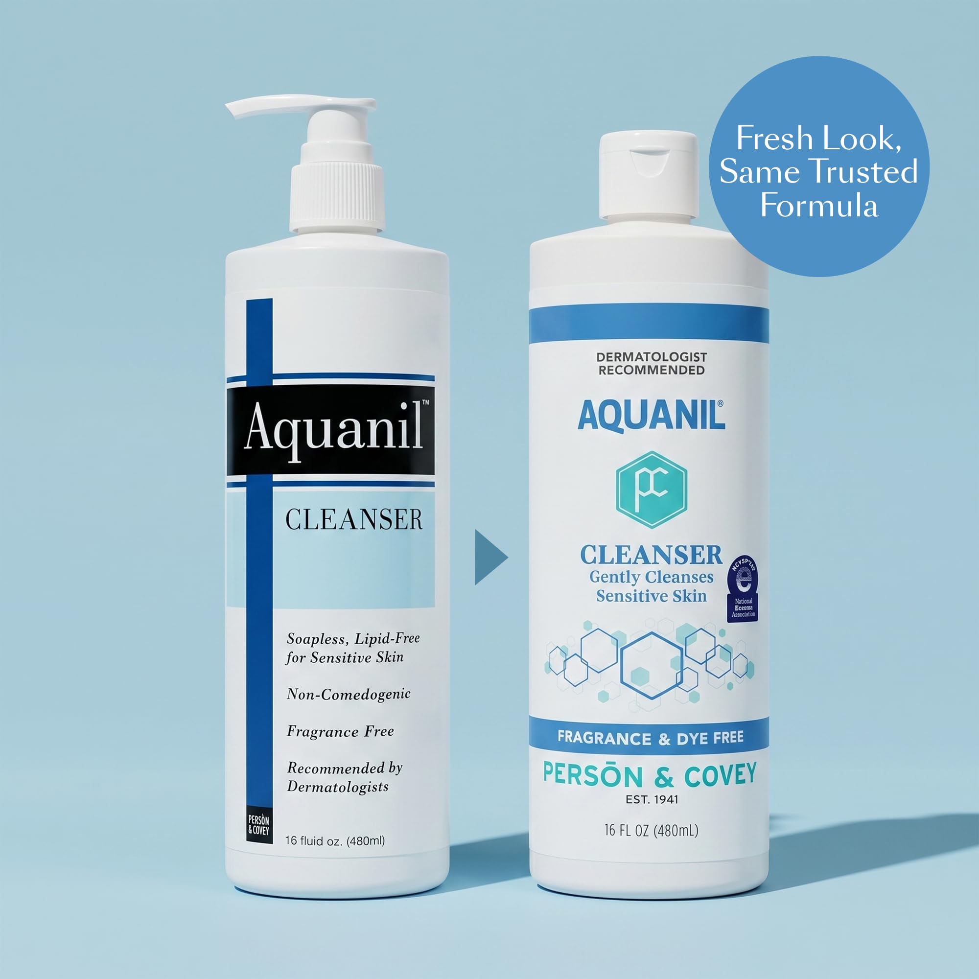 Aquanil label close-up highlighting soap-free and fragrance-free benefits