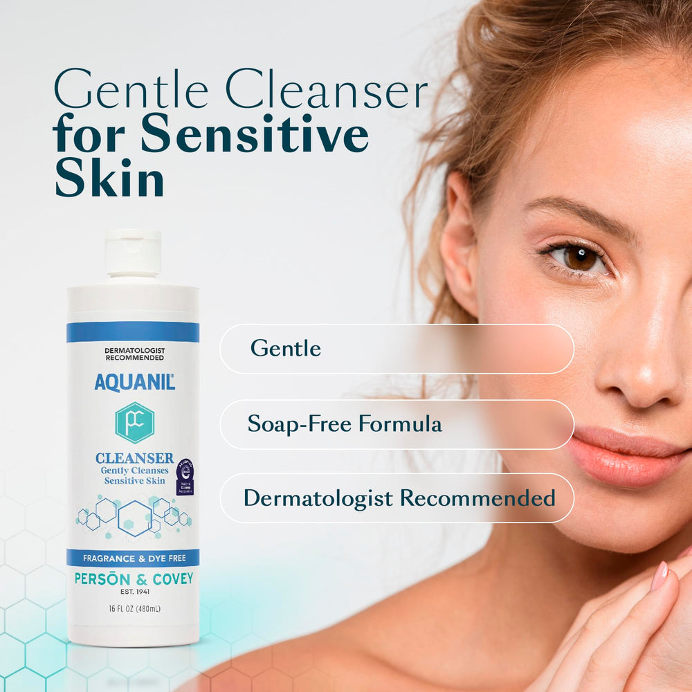 Aquanil lotion texture on fingertips showing silky, non-greasy feel