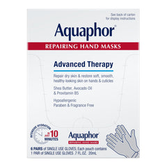 Aquaphor front packaging showing six repairing hand masks for intensive hydration