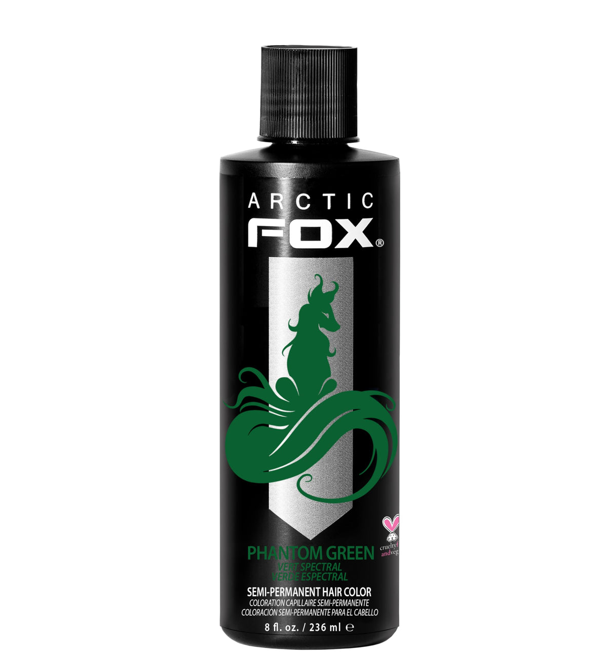 ARCTIC FOX bottle front view showing bold forest green and clear labeling benefit