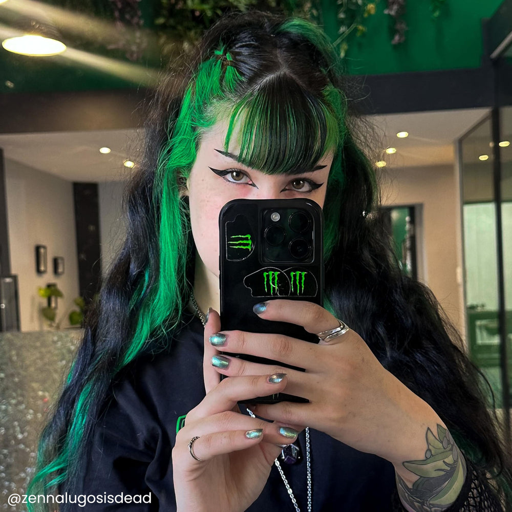 ARCTIC FOX on darker hair showing subtle green sheen for dimension and low-maintenance benefit