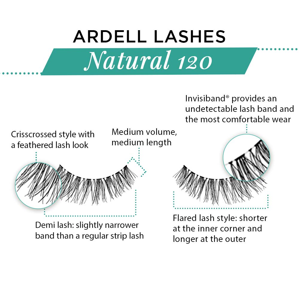 Ardell 120 lashes next to an eye for scale showing graduated lengths and subtle winged effect