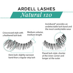 Ardell 120 lashes next to an eye for scale showing graduated lengths and subtle winged effect