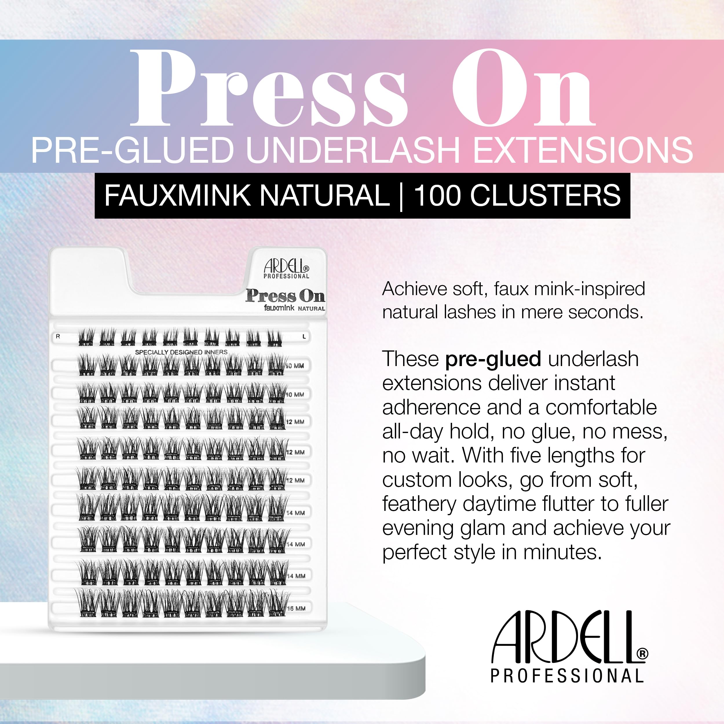 Ardell pre-glued cluster base detail showing instant adherence benefit