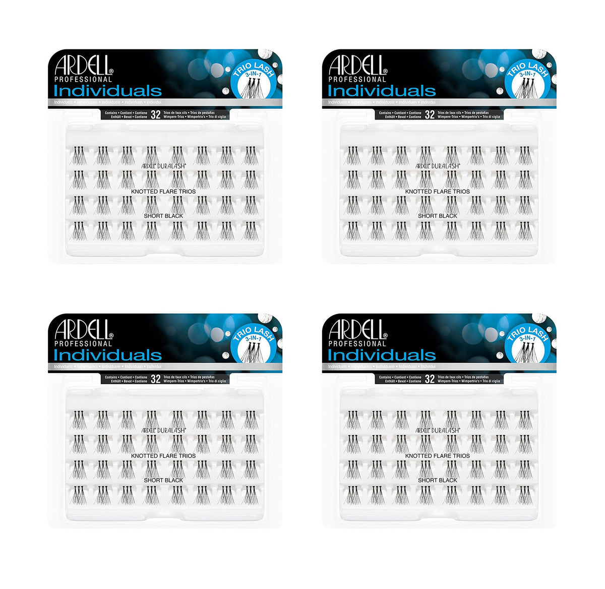 Ardell Duralash short black set front packaging showing four bundled trays for easy replacement