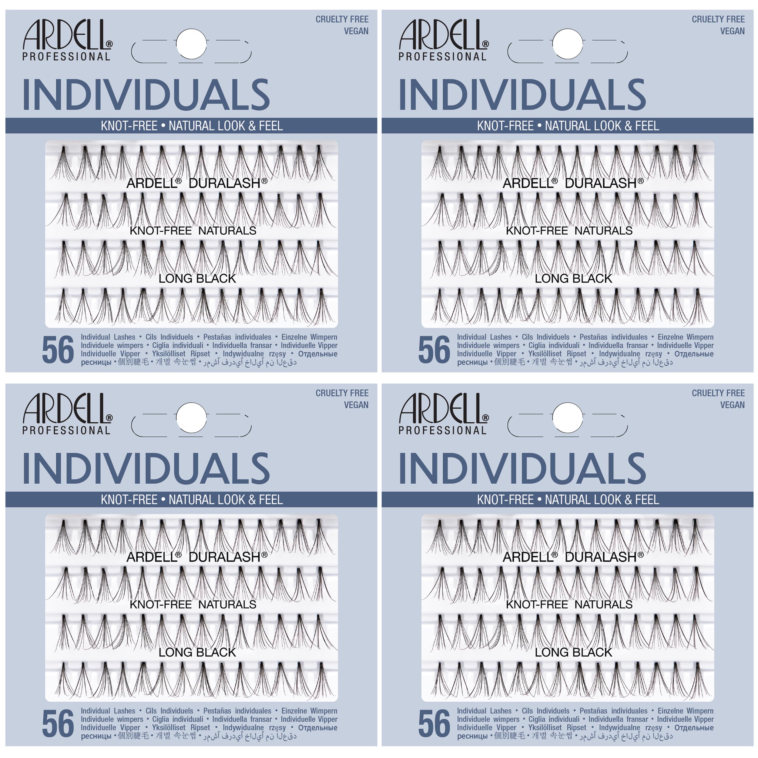 Ardell front packaging showing 4-pack and product benefit of long black clusters
