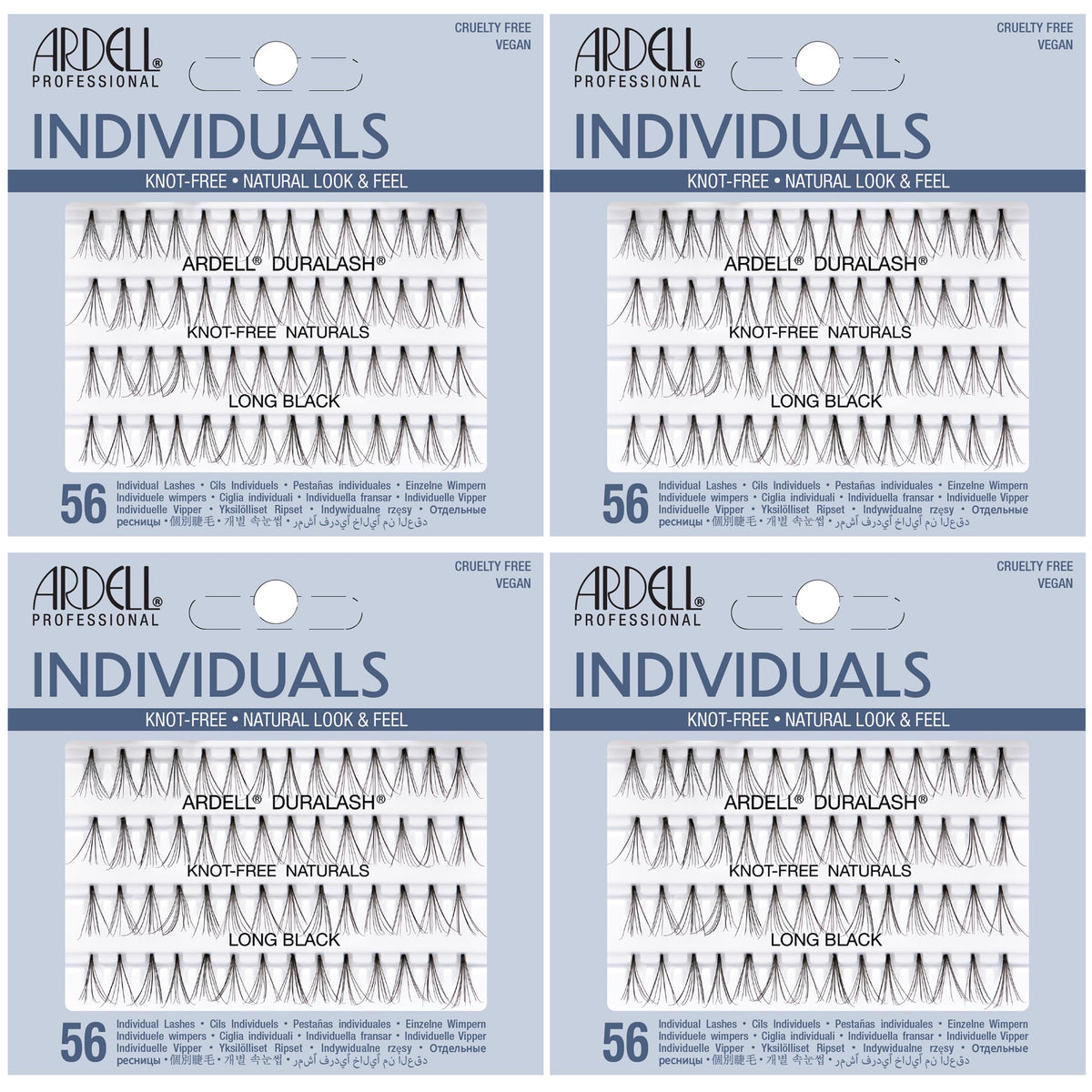 Ardell front packaging showing 4-pack and product benefit of long black clusters