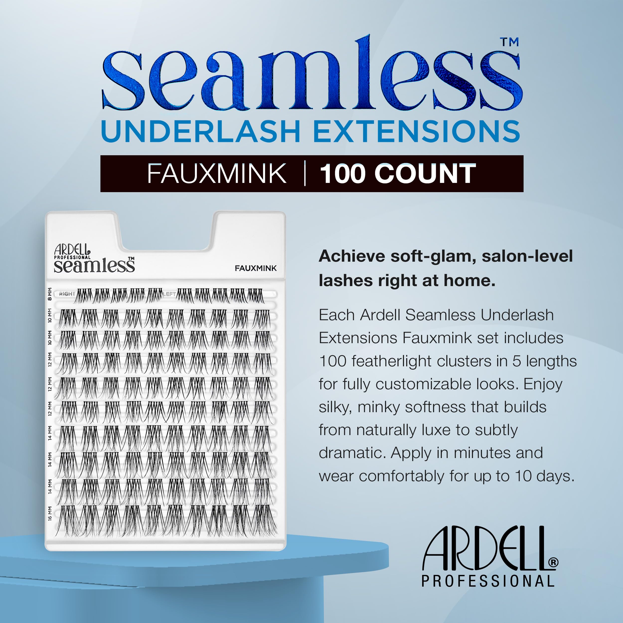 Ardell fanned clusters displaying 8mm to 16mm lengths to customize lash shape benefit