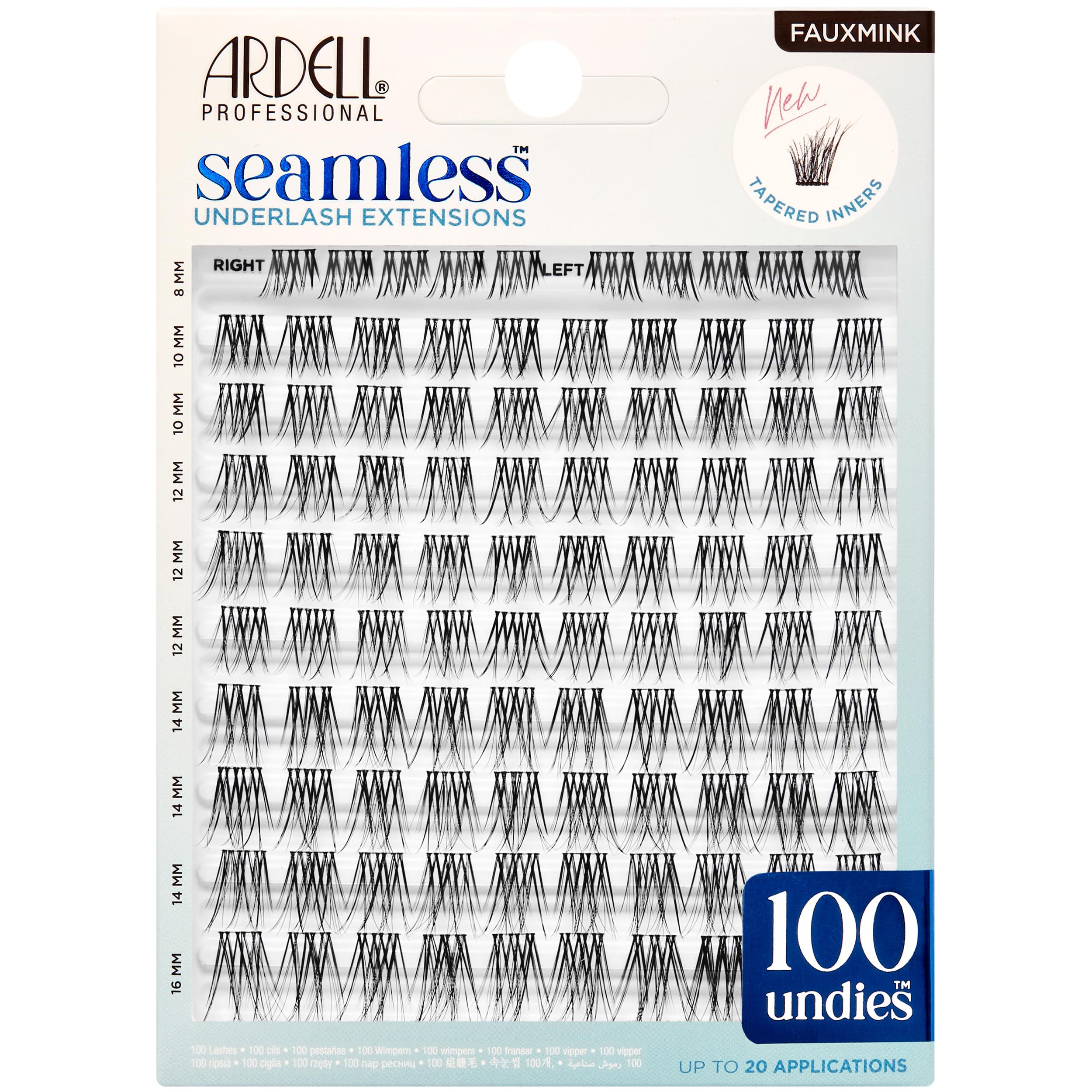 Ardell front packaging showing 100-count clusters and included lengths for easy selection