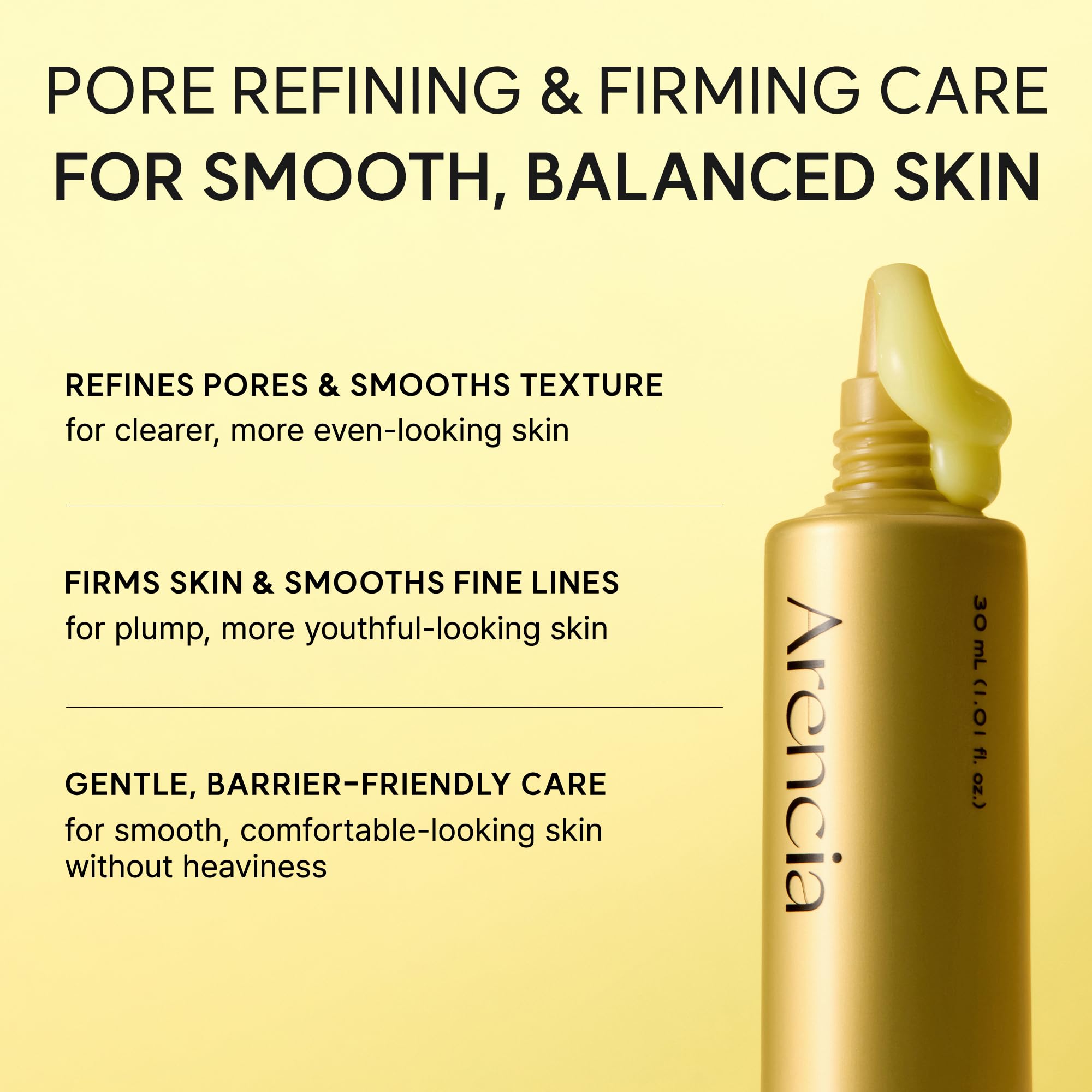Arencia caffeine and ectoin ingredients highlighted for pore and hydration support