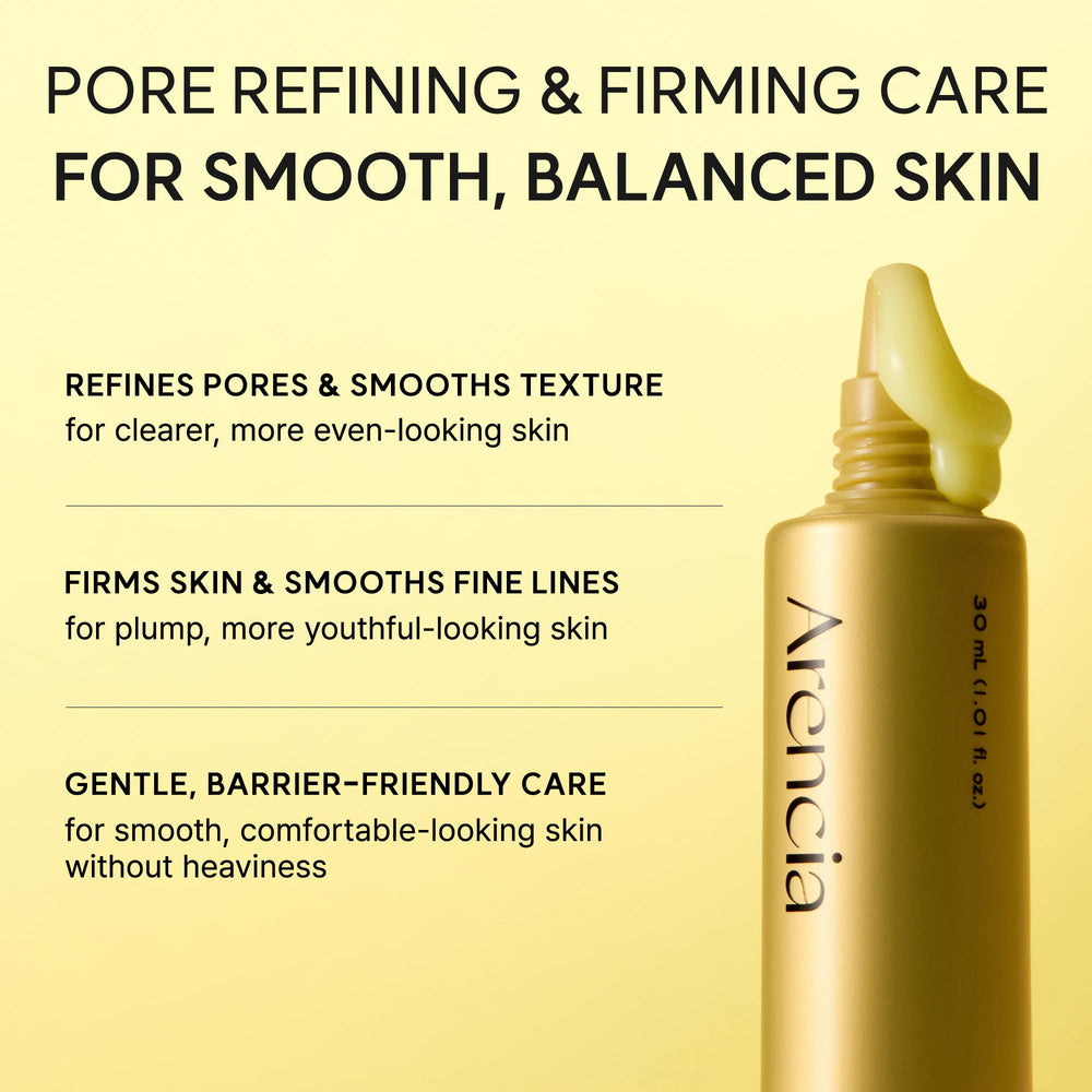 Arencia caffeine and ectoin ingredients highlighted for pore and hydration support