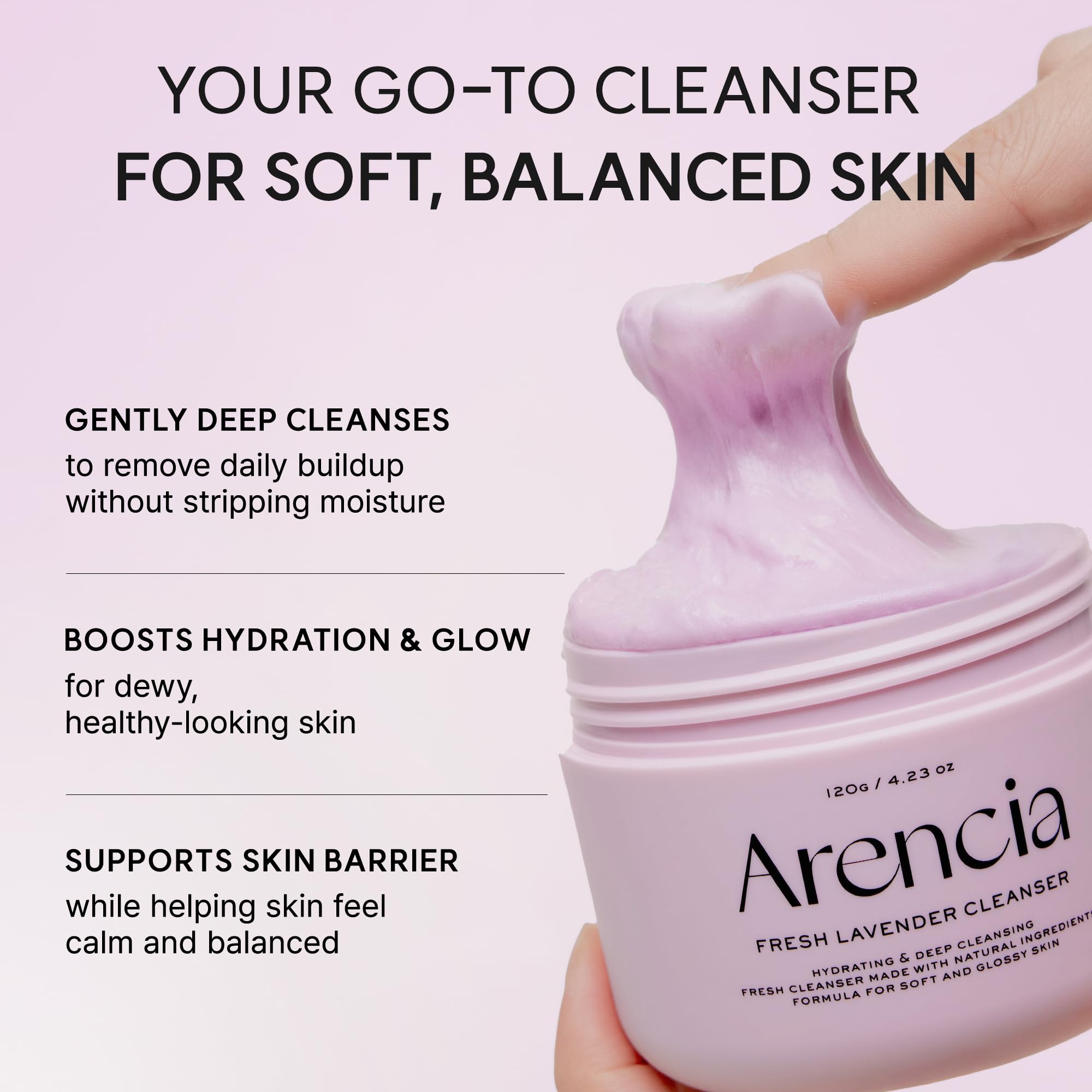 ARENCIA foam on hand demonstrating lather, illustrates effective deep cleansing