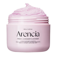 ARENCIA front packaging showing jar and lavender, communicates gentle pore care