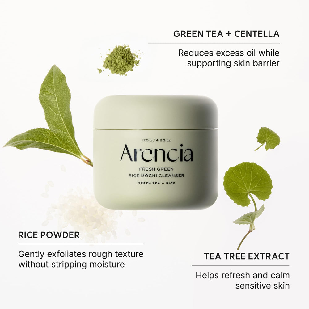 ARENCIA rice powder ingredient close-up showing natural exfoliant benefit