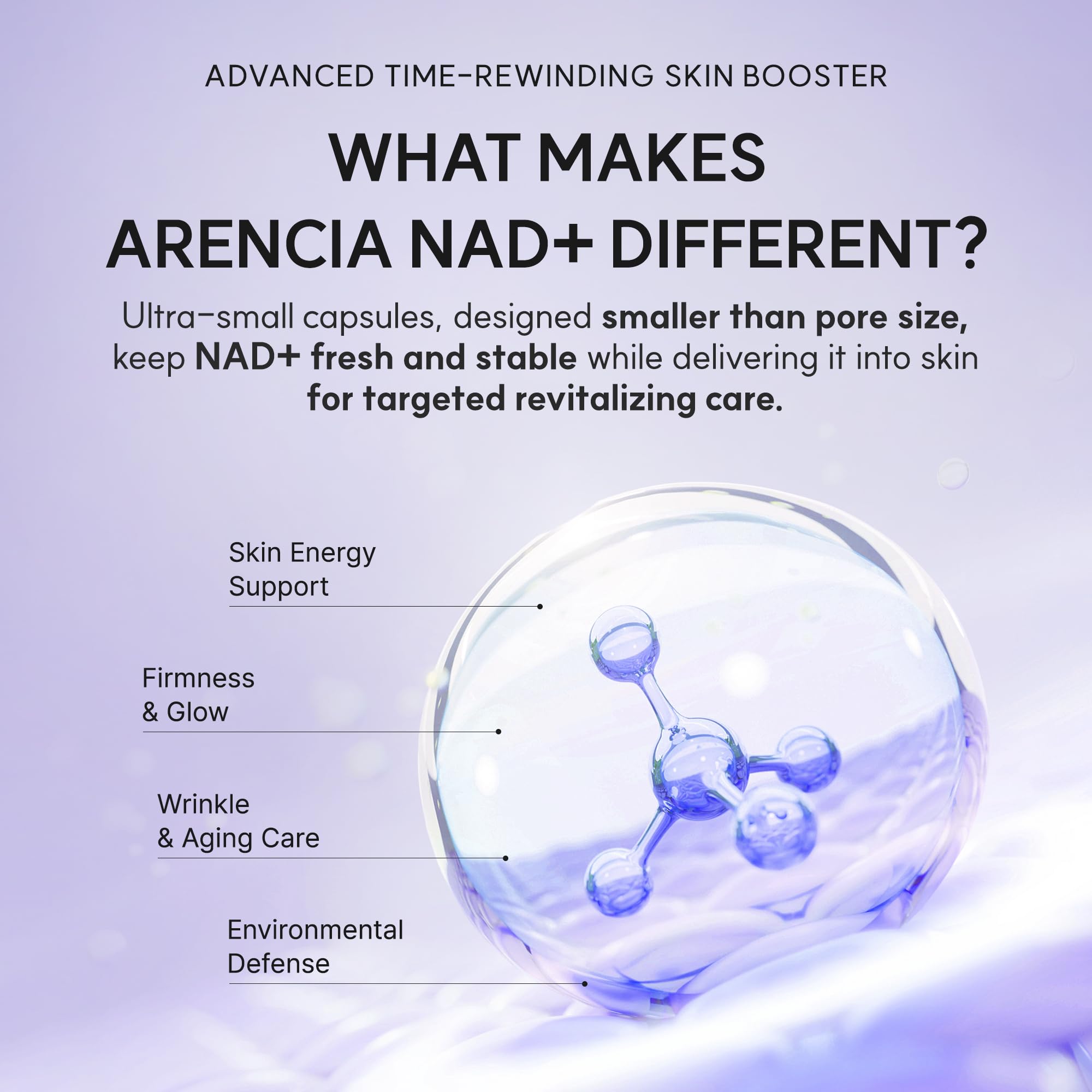 ARENCIA serum applied on hand demonstrating smooth spreadability and quick sink-in