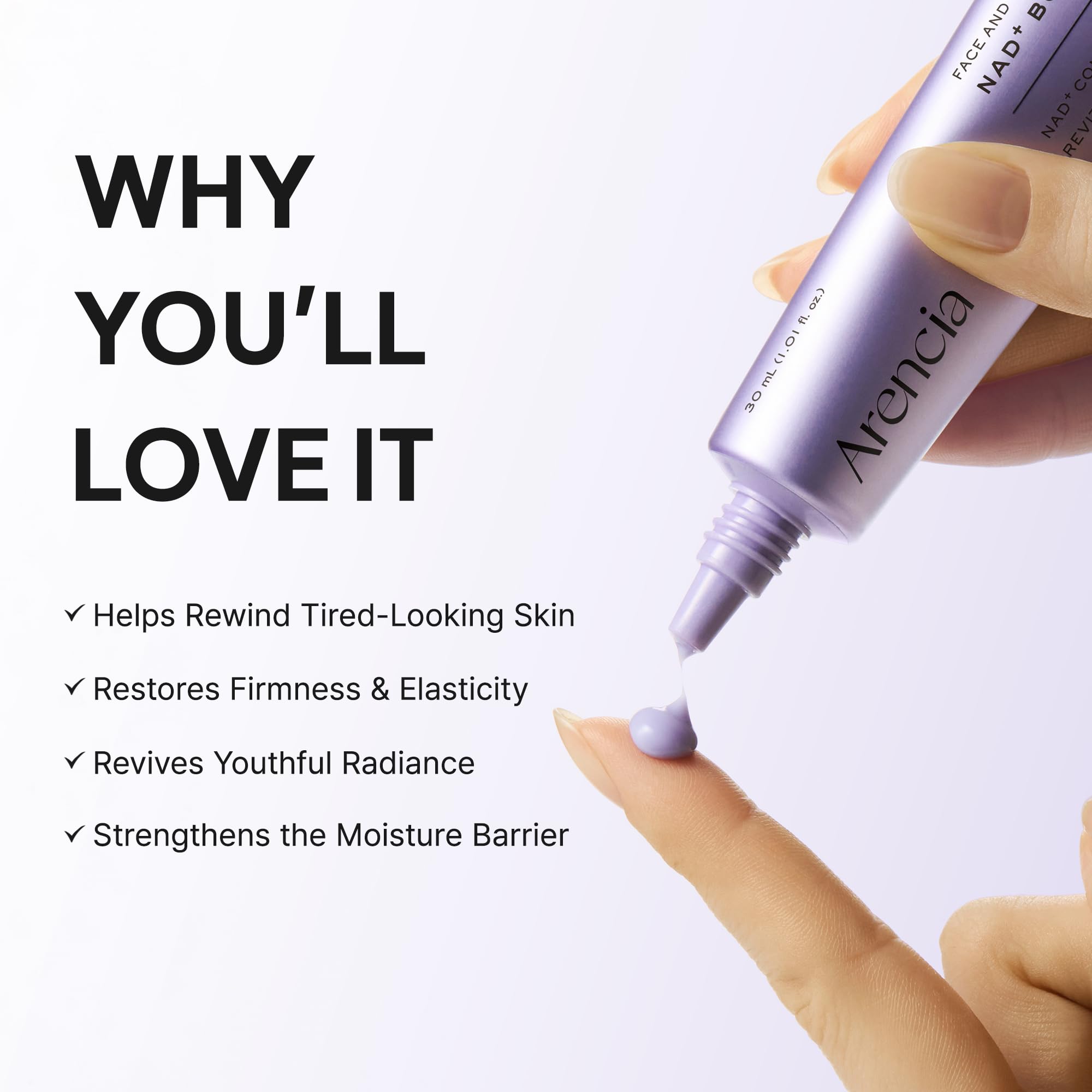 ARENCIA serum texture on skin highlighting lightweight absorption and hydration