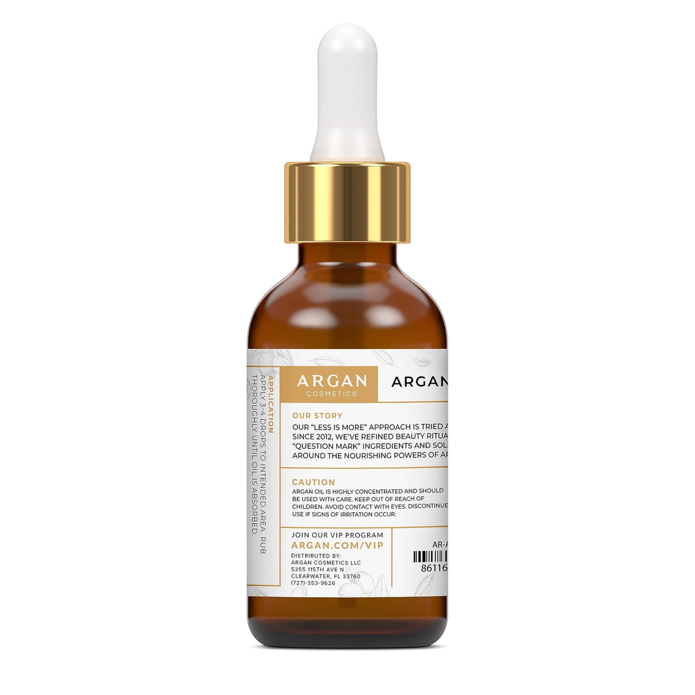 Argan Cosmetics dropper dispensing clear oil for precise, waste-free application benefit