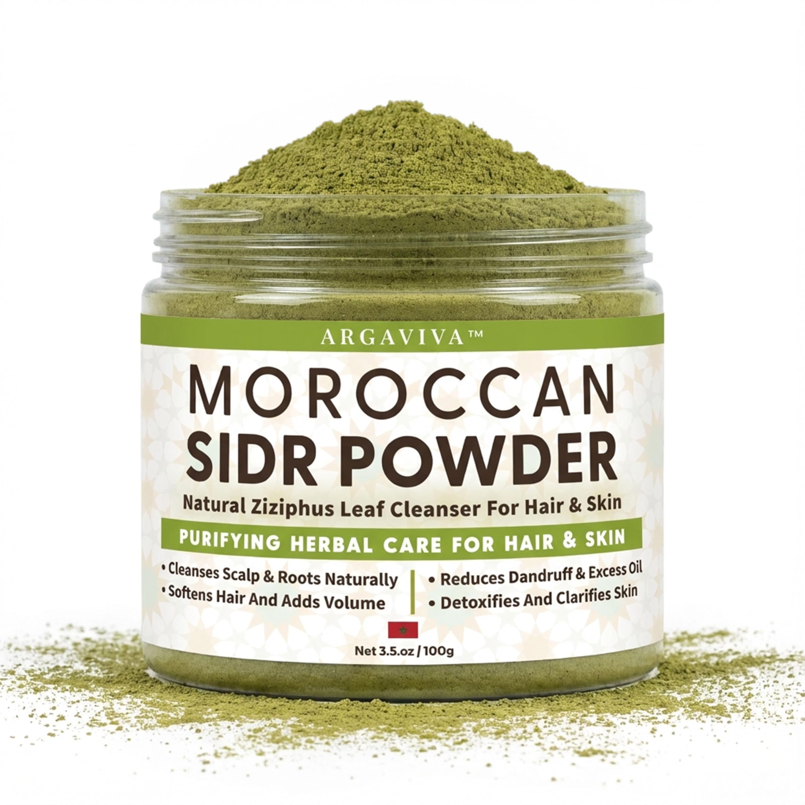 Argaviva jar front view showing Sidr powder for gentle clarifying