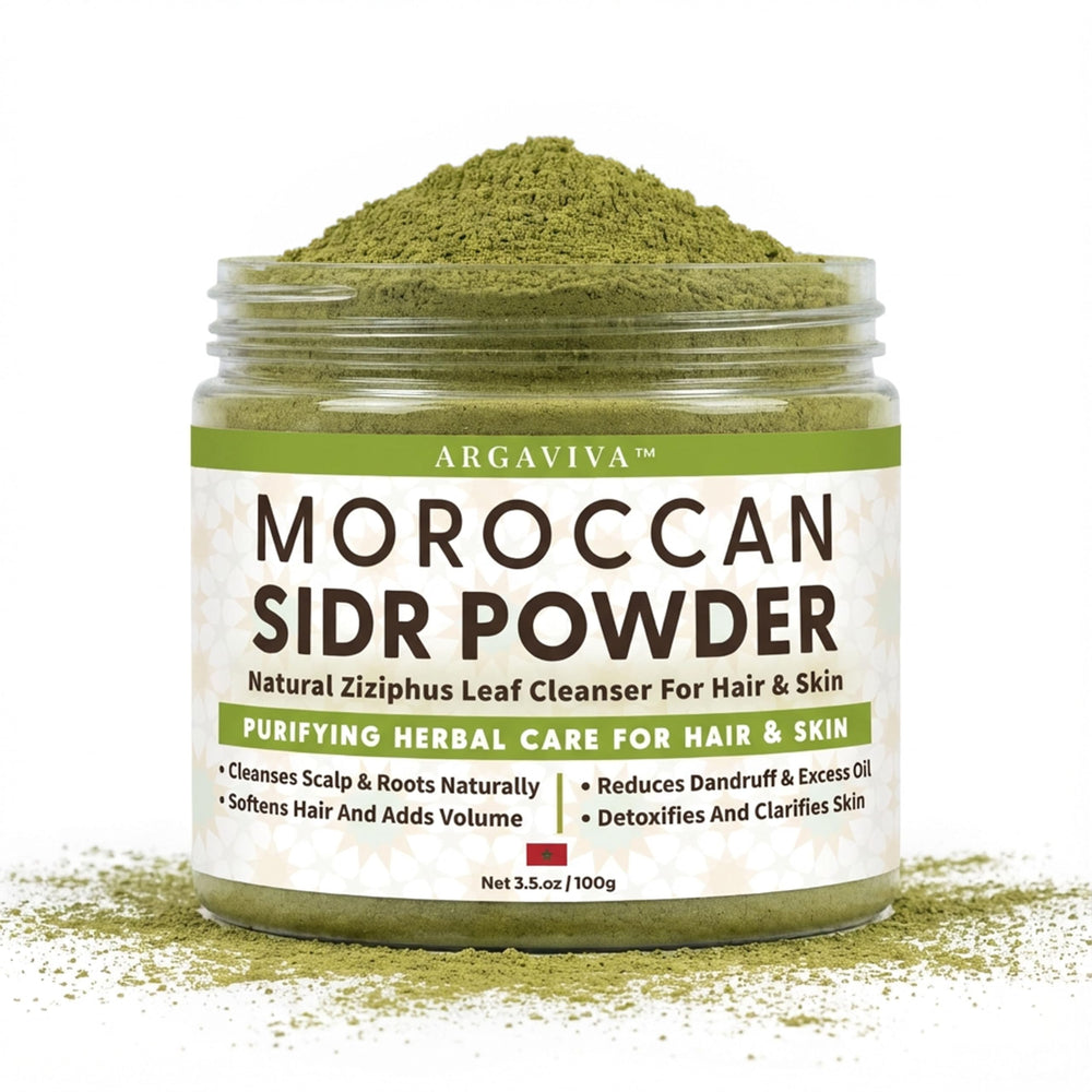Argaviva jar front view showing Sidr powder for gentle clarifying